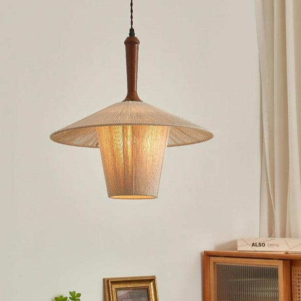 Contemporary Boho Braided Hemp Rope Cottage Shade Solid Wood 1-Light Pendant Light For Living Room