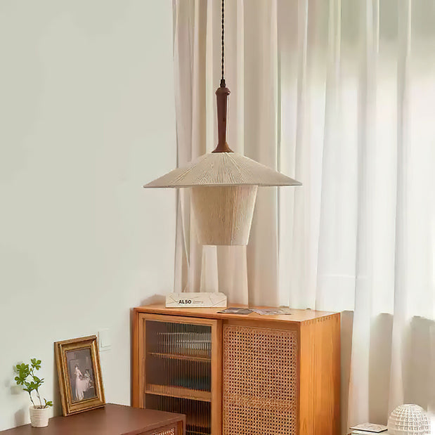 Contemporary Boho Braided Hemp Rope Cottage Shade Solid Wood 1-Light Pendant Light For Living Room