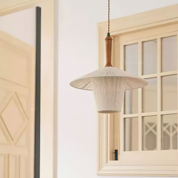 Contemporary Boho Braided Hemp Rope Cottage Shade Solid Wood 1-Light Pendant Light For Living Room