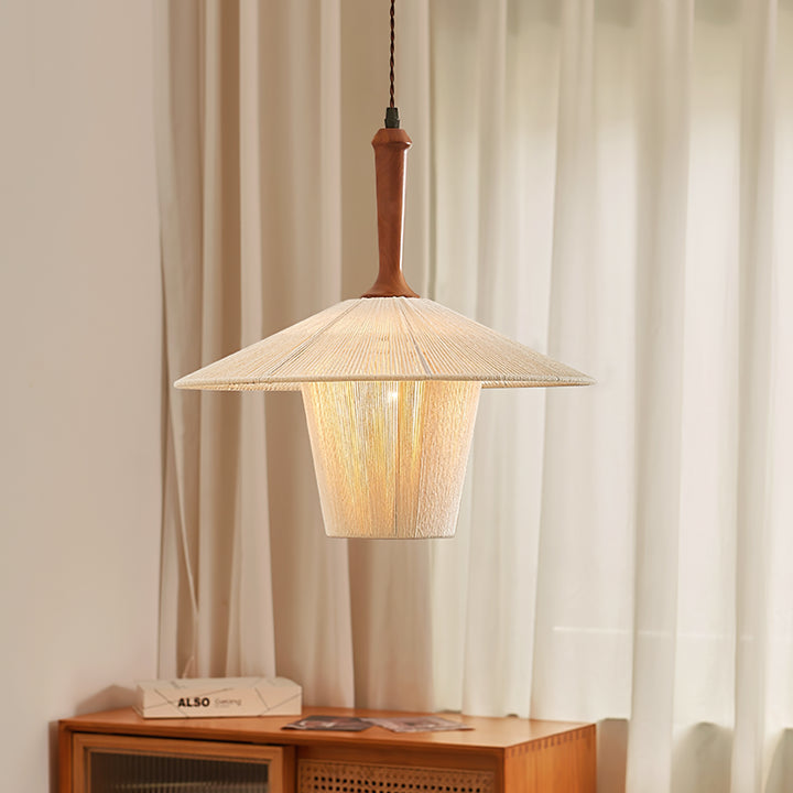 Contemporary Boho Braided Hemp Rope Cottage Shade Solid Wood 1-Light Pendant Light For Living Room