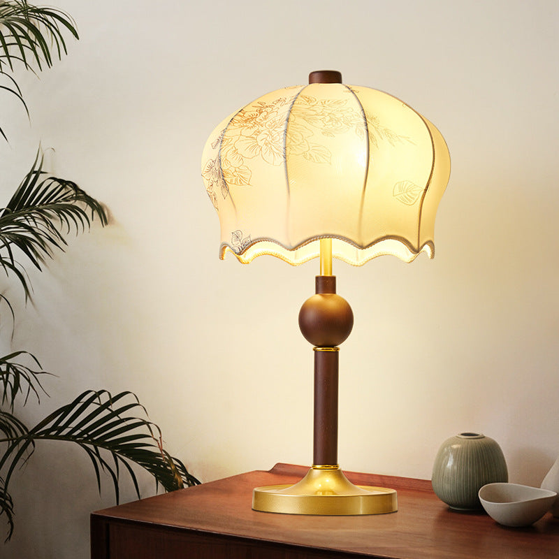 Traditional Vintage Flower Pattern Fabric Shade Wood Iron Rod 2-Light Table Lamp For Study