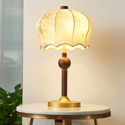 Traditional Vintage Flower Pattern Fabric Shade Wood Iron Rod 2-Light Table Lamp For Study