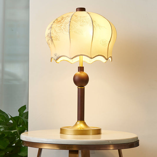 Traditional Vintage Flower Pattern Fabric Shade Wood Iron Rod 2-Light Table Lamp For Study