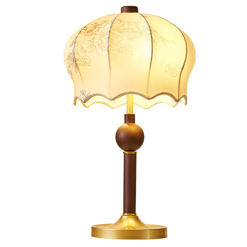 Traditional Vintage Flower Pattern Fabric Shade Wood Iron Rod 2-Light Table Lamp For Study