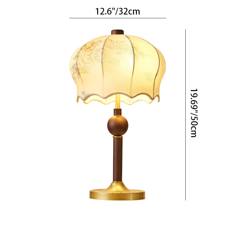 Traditional Vintage Flower Pattern Fabric Shade Wood Iron Rod 2-Light Table Lamp For Study