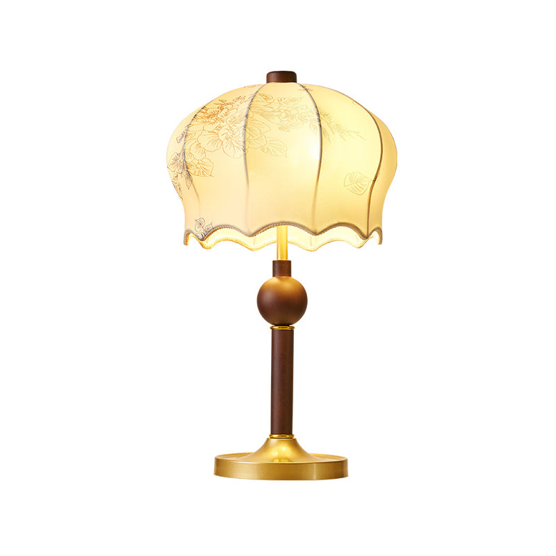 Traditional Vintage Flower Pattern Fabric Shade Wood Iron Rod 2-Light Table Lamp For Study