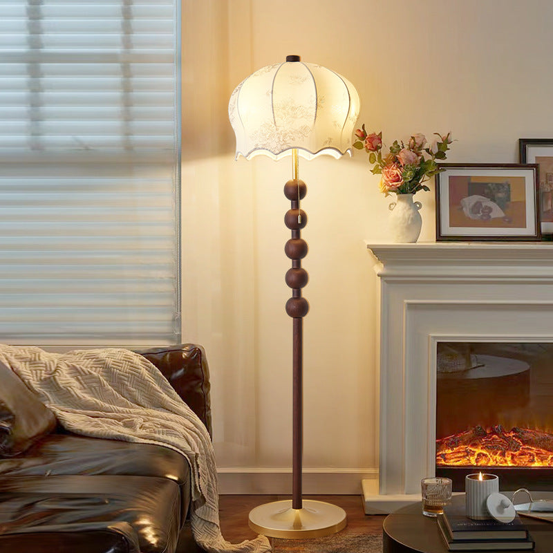 Traditional Vintage Flower Pattern Fabric Shade Wood Iron Rod 3-Light Standing Floor Lamp For Study