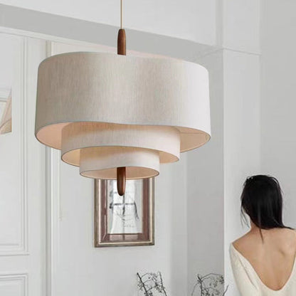 Traditional French Corrugated Fabric Shade Solid Wood 1-Light Pendant Light For Living Room