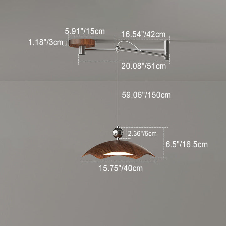 Contemporary Nordic Iron Imitation Wood Grain Round LED Rocker Arm Pendant Light For Living Room