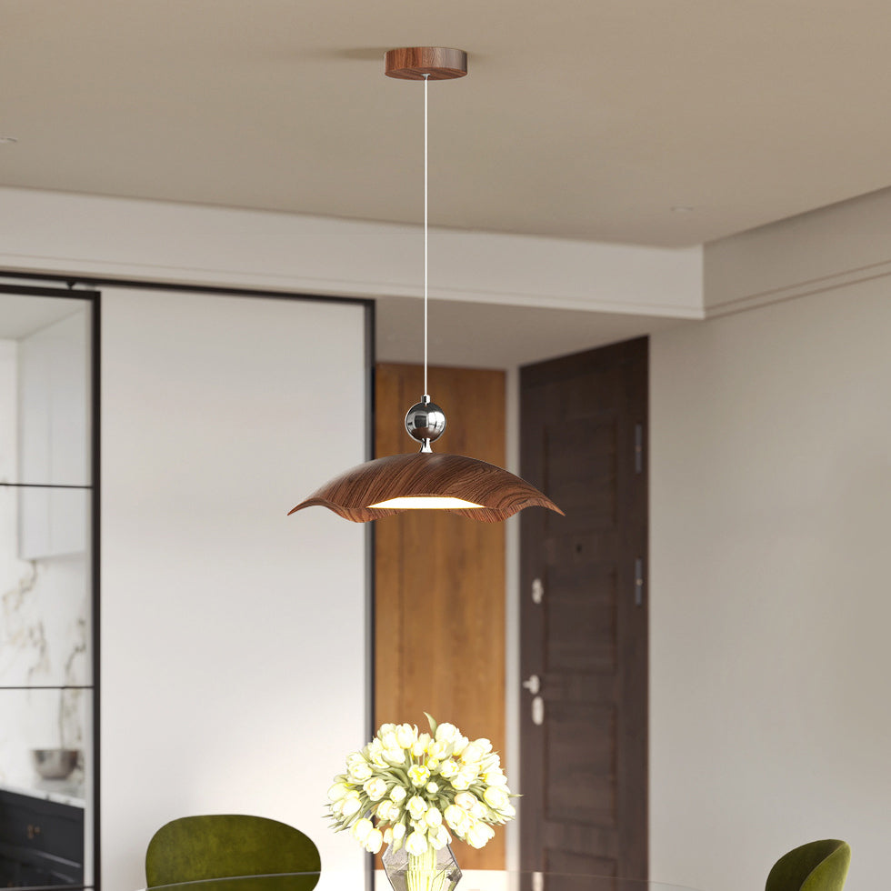 Contemporary Nordic Iron Imitation Wood Grain Round LED Rocker Arm Pendant Light For Living Room