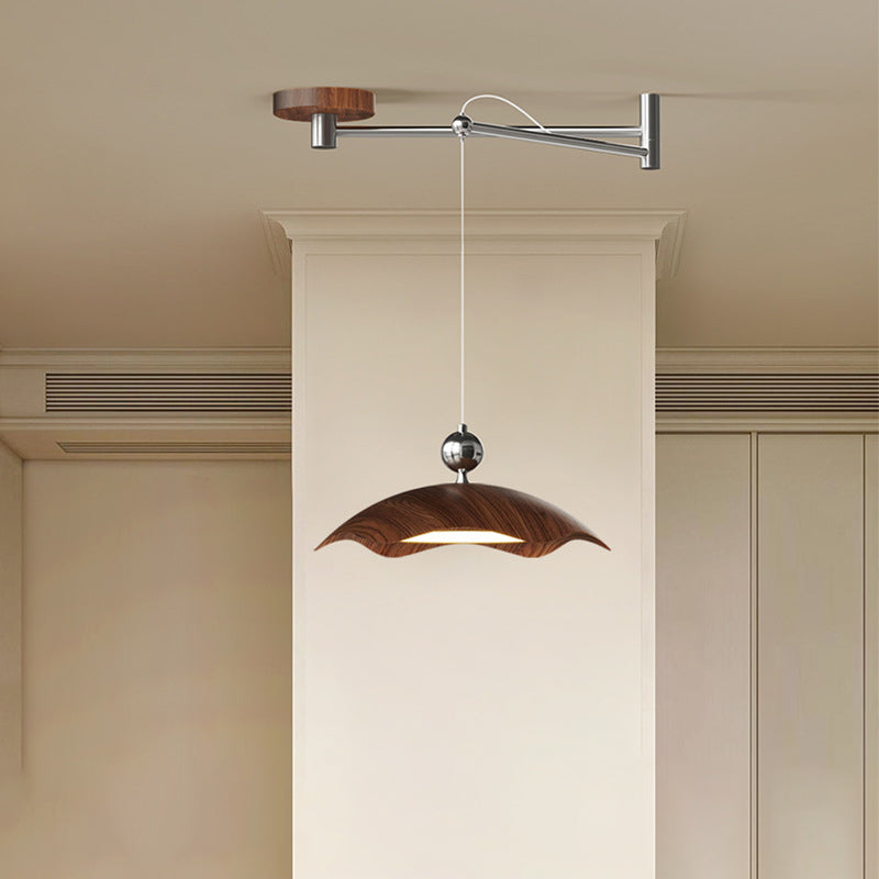 Contemporary Nordic Iron Imitation Wood Grain Round LED Rocker Arm Pendant Light For Living Room