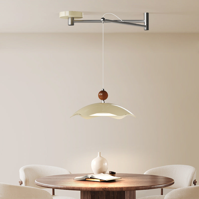 Contemporary Nordic Iron Imitation Wood Grain Round LED Rocker Arm Pendant Light For Living Room