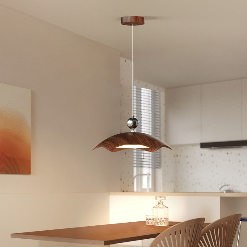 Contemporary Nordic Iron Imitation Wood Grain Round LED Rocker Arm Pendant Light For Living Room