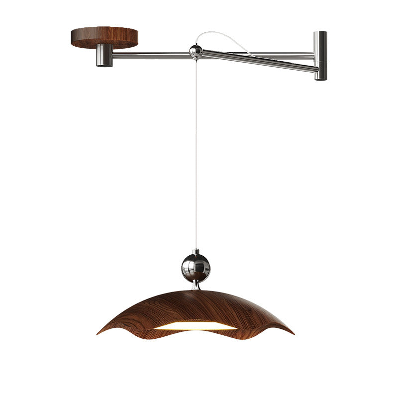 Contemporary Nordic Iron Imitation Wood Grain Round LED Rocker Arm Pendant Light For Living Room