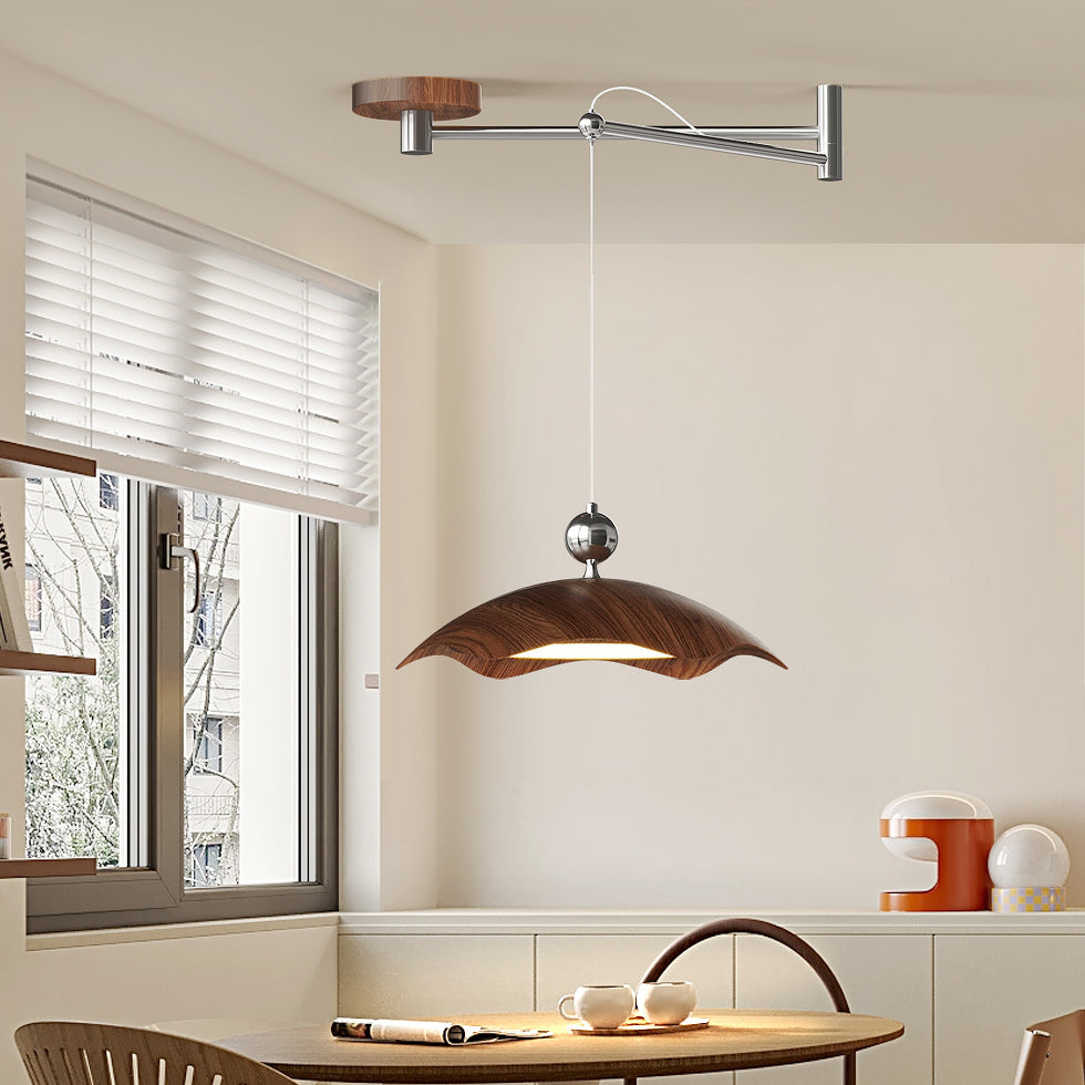 Contemporary Nordic Iron Imitation Wood Grain Round LED Rocker Arm Pendant Light For Living Room