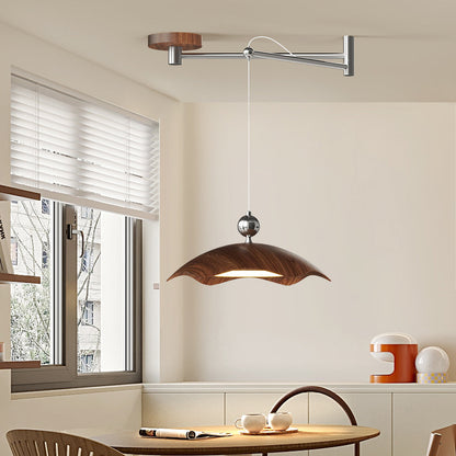 Contemporary Nordic Iron Imitation Wood Grain Round LED Rocker Arm Pendant Light For Living Room