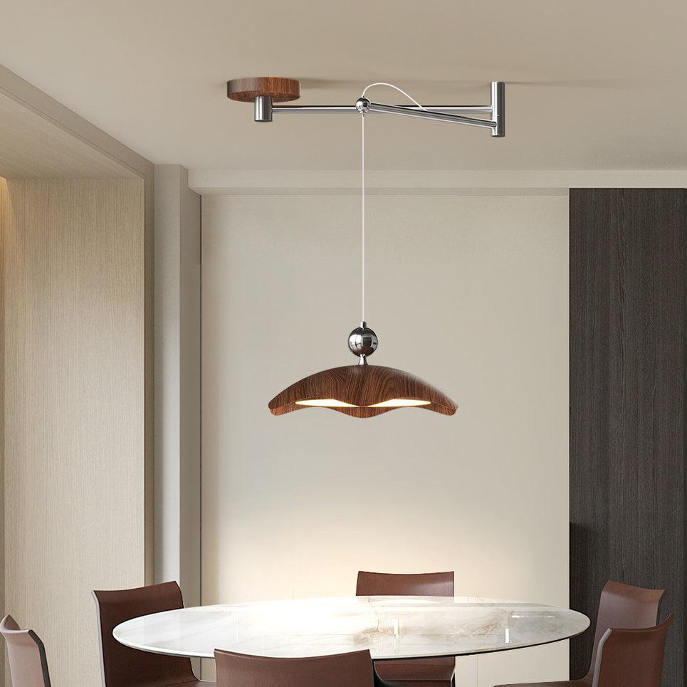 Contemporary Nordic Iron Imitation Wood Grain Round LED Rocker Arm Pendant Light For Living Room