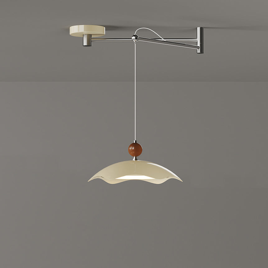 Contemporary Nordic Iron Imitation Wood Grain Round LED Rocker Arm Pendant Light For Living Room
