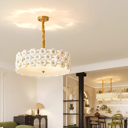Traditional French Petal Ceramic Glass Cylinder 6-Light Chandelier For Living Room
