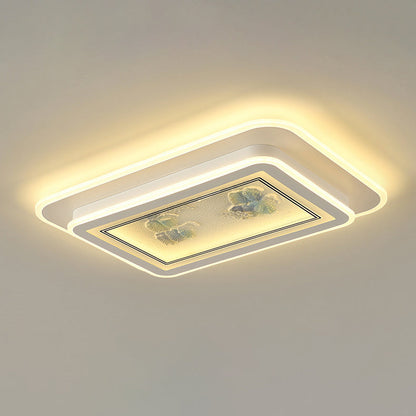 Traditional Chinese Handmade Floral Pattern Iron Acrylic Rectangle LED Flush Mount Ceiling Light For Living Room