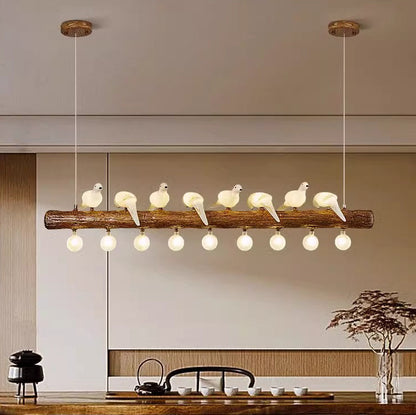 Traditional Vintage Resin Imitation Branch Bird Glass Shade 3/5/8/6/11/17-Light Island Light Chandelier For Living Room