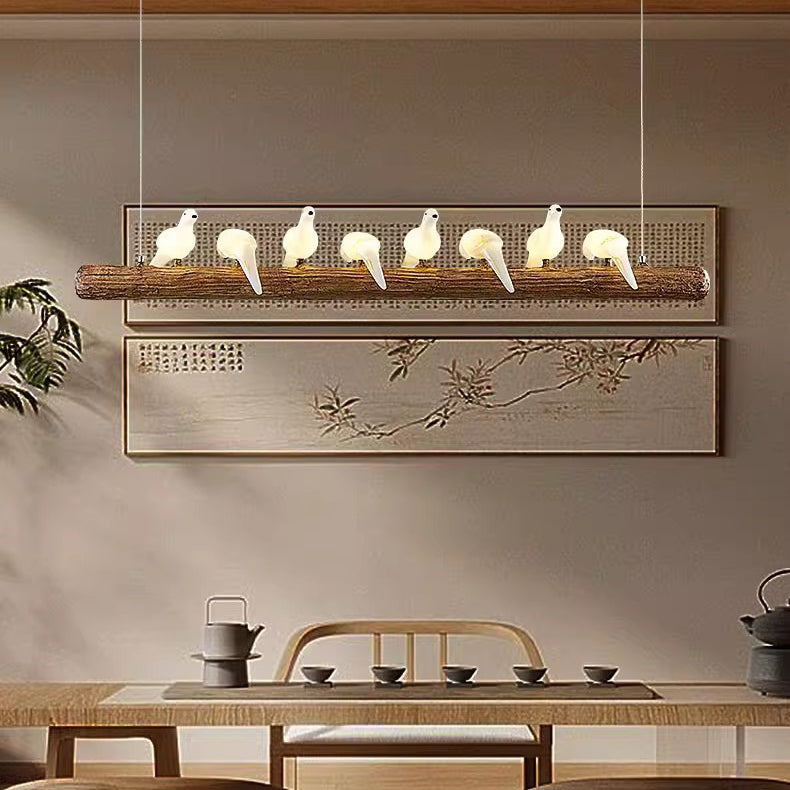 Traditional Vintage Resin Imitation Branch Bird Glass Shade 3/5/8/6/11/17-Light Island Light Chandelier For Living Room