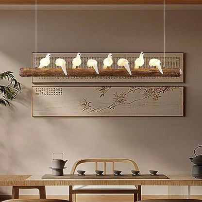 Traditional Vintage Resin Imitation Branch Bird Glass Shade 3/5/8/6/11/17-Light Island Light Chandelier For Living Room