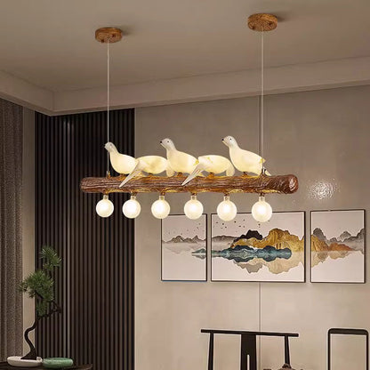 Traditional Vintage Resin Imitation Branch Bird Glass Shade 3/5/8/6/11/17-Light Island Light Chandelier For Living Room