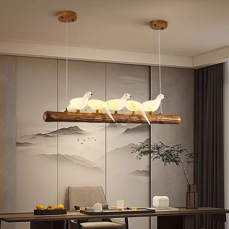 Traditional Vintage Resin Imitation Branch Bird Glass Shade 3/5/8/6/11/17-Light Island Light Chandelier For Living Room