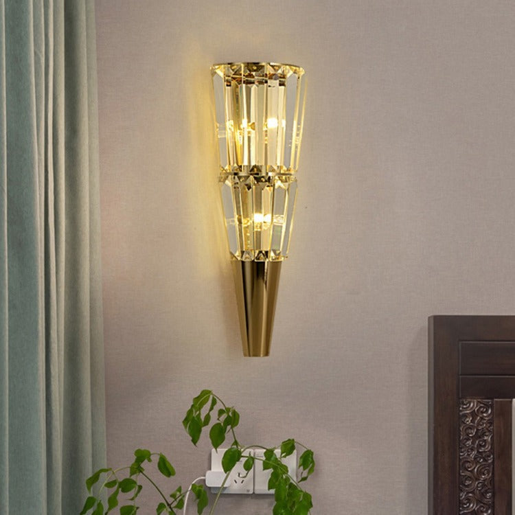 Modern Luxury Stainless Steel Stacked Crystal Cone Shade 3/5/7-Light Wall Sconce Lamp For Bedroom