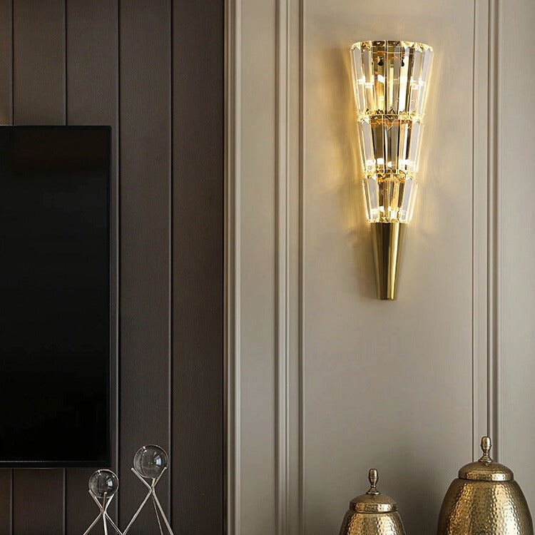 Modern Luxury Stainless Steel Stacked Crystal Cone Shade 3/5/7-Light Wall Sconce Lamp For Bedroom