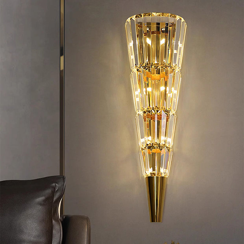 Modern Luxury Stainless Steel Stacked Crystal Cone Shade 3/5/7-Light Wall Sconce Lamp For Bedroom