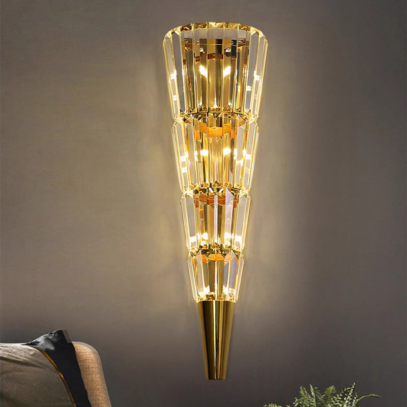 Modern Luxury Stainless Steel Stacked Crystal Cone Shade 3/5/7-Light Wall Sconce Lamp For Bedroom