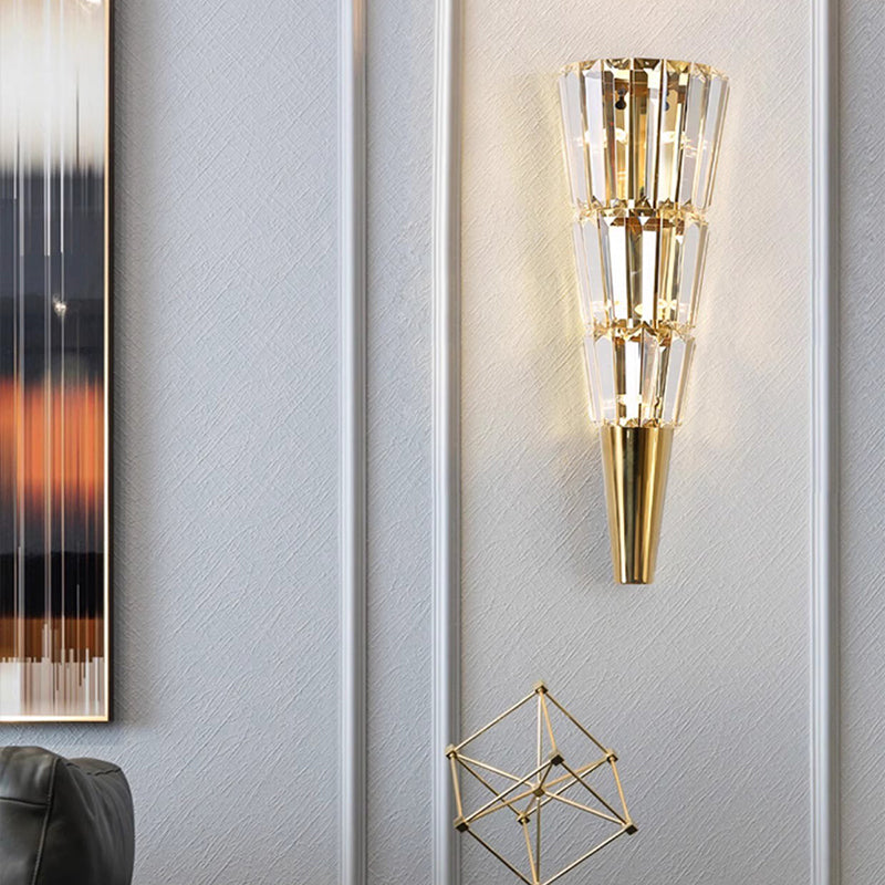 Modern Luxury Stainless Steel Stacked Crystal Cone Shade 3/5/7-Light Wall Sconce Lamp For Bedroom