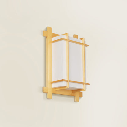 Traditional Japanese Rectangular Solid Wood Frame Faux Parchment Shade 2-Light Wall Sconce Lamp For Bedroom