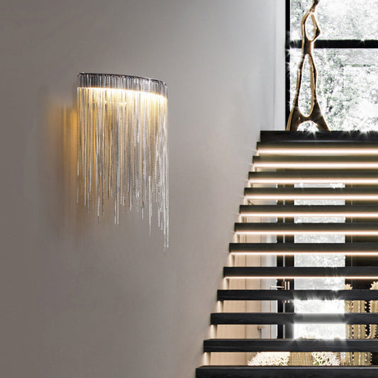 مصباح حائط LED بتصميم سلسلة من الفولاذ المقاوم للصدأ والألومنيوم بتصميم معاصر فاخر لغرفة المعيشة 