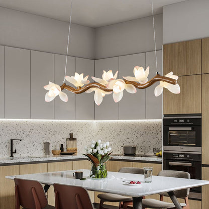 Traditional Vintage Resin Branch Lotus Petal Glass Shade 7/9/11/13-Light Chandelier Island Light For Living Room