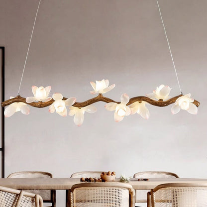 Traditional Vintage Resin Branch Lotus Petal Glass Shade 7/9/11/13-Light Chandelier Island Light For Living Room