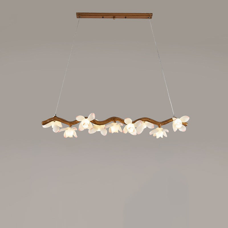 Traditional Vintage Resin Branch Lotus Petal Glass Shade 7/9/11/13-Light Chandelier Island Light For Living Room