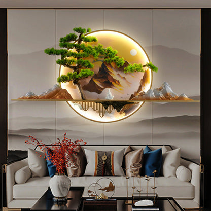 مصباح حائط LED دائري من الراتنج والألومنيوم بتصميم صيني معاصر على شكل منظر طبيعي من الصنوبر لغرفة المعيشة 
