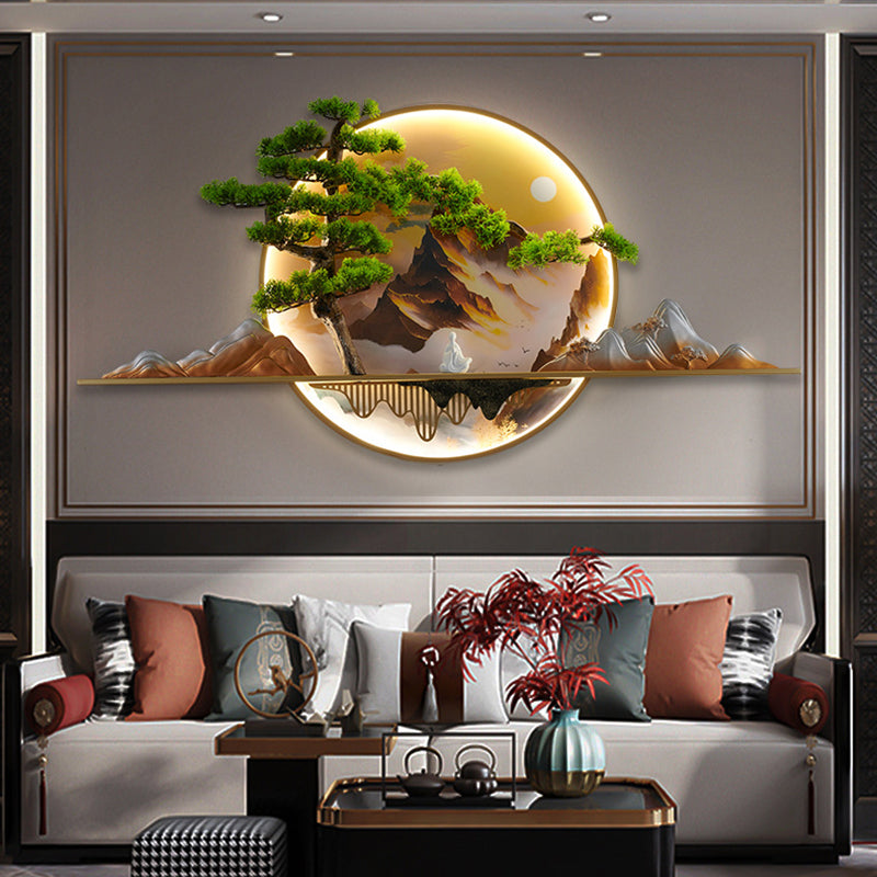 مصباح حائط LED دائري من الراتنج والألومنيوم بتصميم صيني معاصر على شكل منظر طبيعي من الصنوبر لغرفة المعيشة 