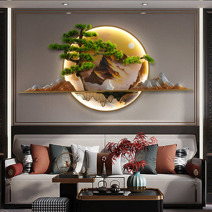 مصباح حائط LED دائري من الراتنج والألومنيوم بتصميم صيني معاصر على شكل منظر طبيعي من الصنوبر لغرفة المعيشة 