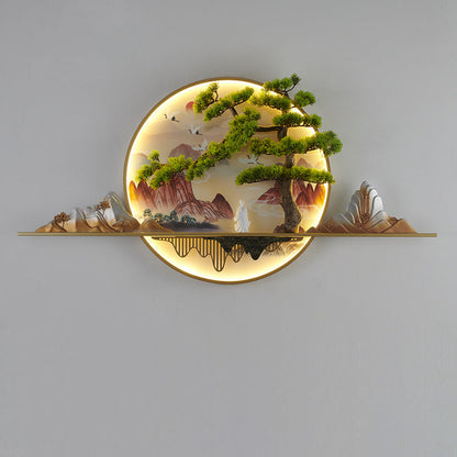 مصباح حائط LED دائري من الراتنج والألومنيوم بتصميم صيني معاصر على شكل منظر طبيعي من الصنوبر لغرفة المعيشة 