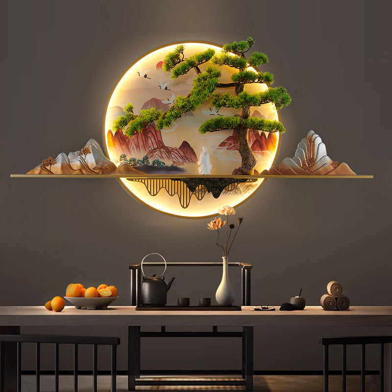 مصباح حائط LED دائري من الراتنج والألومنيوم بتصميم صيني معاصر على شكل منظر طبيعي من الصنوبر لغرفة المعيشة 