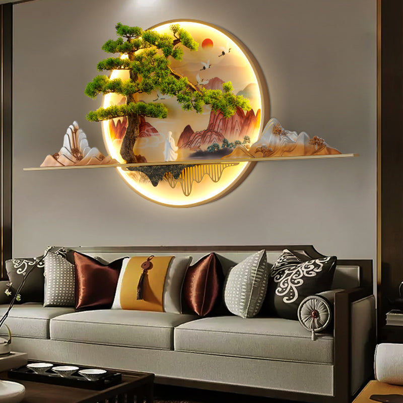 مصباح حائط LED دائري من الراتنج والألومنيوم بتصميم صيني معاصر على شكل منظر طبيعي من الصنوبر لغرفة المعيشة 