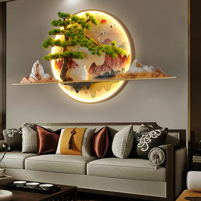 مصباح حائط LED دائري من الراتنج والألومنيوم بتصميم صيني معاصر على شكل منظر طبيعي من الصنوبر لغرفة المعيشة 