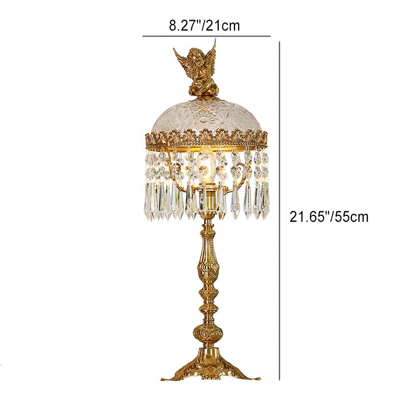 Contemporary Creative Antique Brass Carved Base Glass Crystal Shade 1-Light Table Lamp For Study