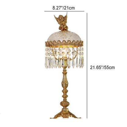 Contemporary Creative Antique Brass Carved Base Glass Crystal Shade 1-Light Table Lamp For Study