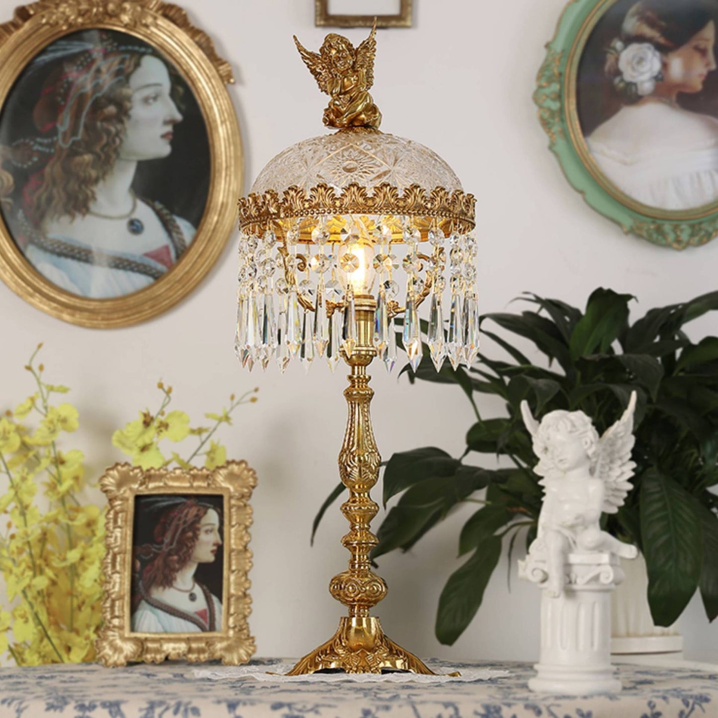 Contemporary Creative Antique Brass Carved Base Glass Crystal Shade 1-Light Table Lamp For Study
