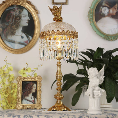Contemporary Creative Antique Brass Carved Base Glass Crystal Shade 1-Light Table Lamp For Study